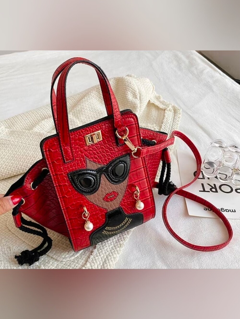 BRAND NEW - Red Women's Fashion Tote Bag with Sunglasses Face Applique